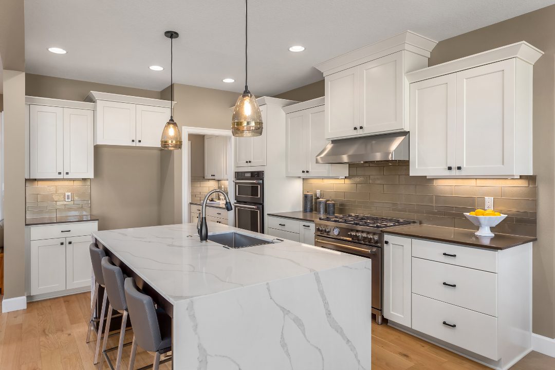 Modern white painted kitchen cabinets at a house in South Elgin, Illinois
